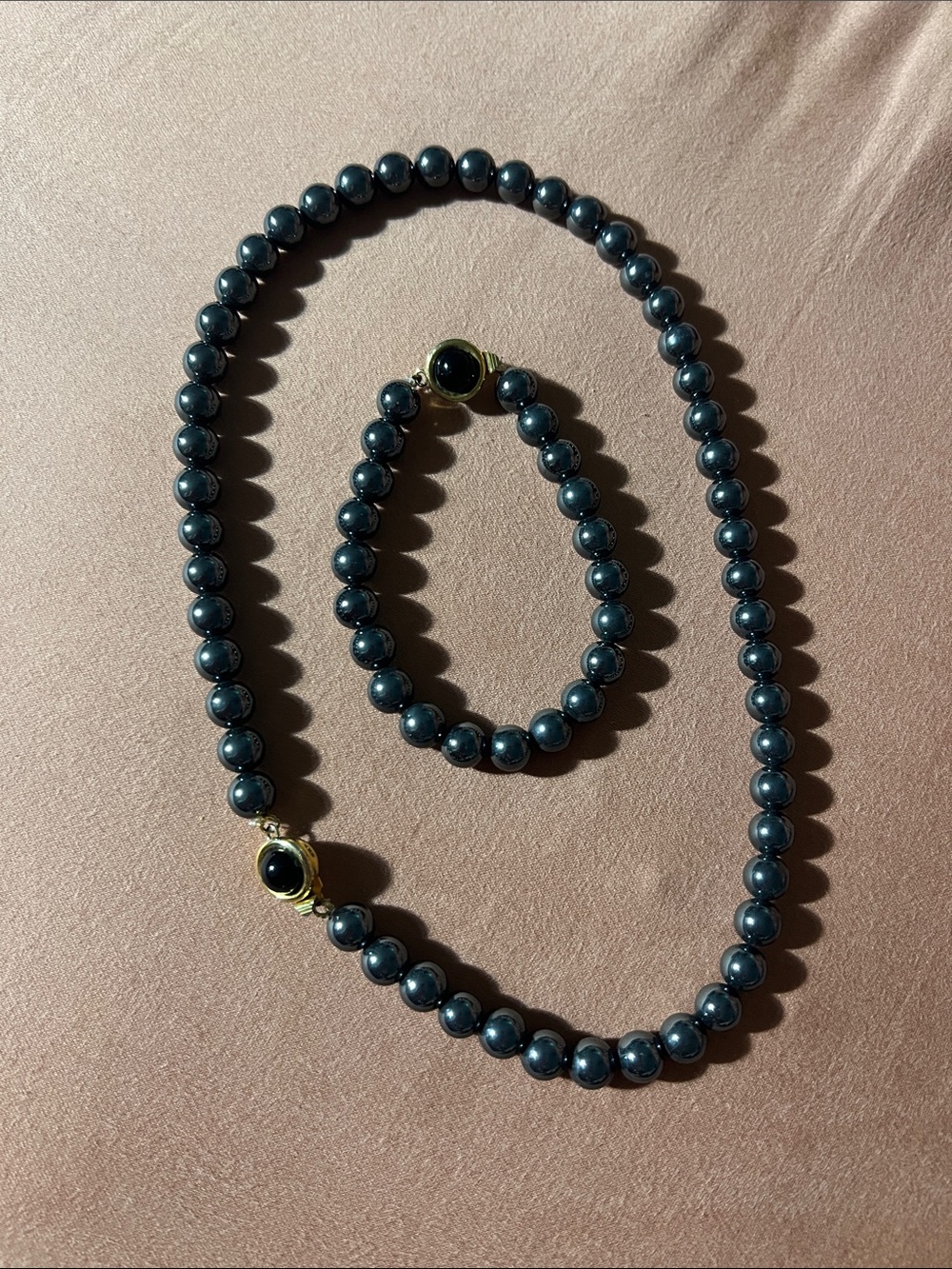 Elegant Hematite Bead Necklace and Bracelet Set with Gold Accents